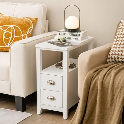 Tangkula 2PCS Nightstand Side End Sofa Table W/ 2 Drawers For Living Room Bedroom White 2 Tangkula 2PCS Nightstand Side End Sofa Table W/ 2 Drawers For Living Room Bedroom White - Image 2
