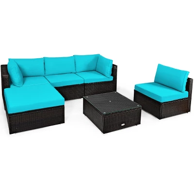 Tangkula 6PCS Patio Rattan Furniture Set Outdoor Sectional Sofa Set W/Coffee Table & Ottoman Black/Navy/Turquoise/Red/Brown 8 Tangkula 6PCS Patio Rattan Furniture Set Outdoor Sectional Sofa Set W/Coffee Table & Ottoman Black/Navy/Turquoise/Red/Brown - Image 8