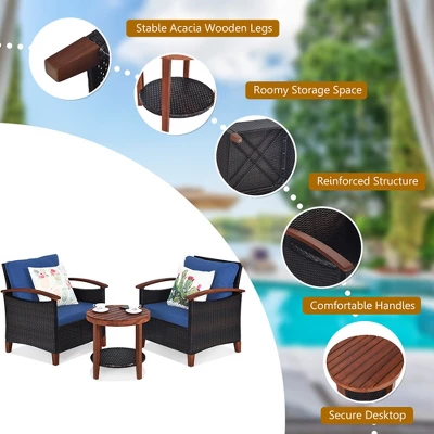 Tangkula 3-Piece Patio Wicker Rattan Conversation Set with Acacia Wood & Cushions 4 Tangkula 3-Piece Patio Wicker Rattan Conversation Set with Acacia Wood & Cushions - Image 4