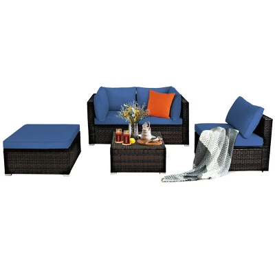 Tangkula 5-Piece Outdoor Patio Sectional Rattan Wicker Conversation Sofa Set With Turquoise/Yellowish Cushions 8 Tangkula 5-Piece Outdoor Patio Sectional Rattan Wicker Conversation Sofa Set With Turquoise/Yellowish Cushions - Image 8