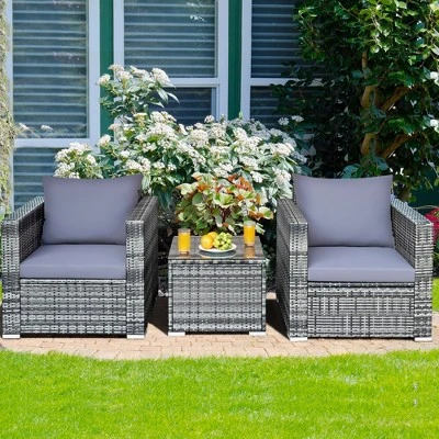 Tangkula 3PCS Rattan Patio Conversation Set Outdoor Furniture Set W/ Table Cushion 3 Tangkula 3PCS Rattan Patio Conversation Set Outdoor Furniture Set W/ Table Cushion - Image 3