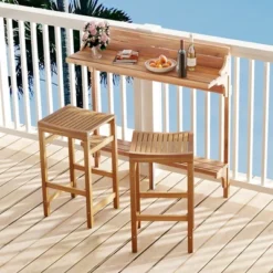 Tangkula 3 PCS Acacia Wood Balcony Table Set W/ Shelf Footrest Curved Wood Seat