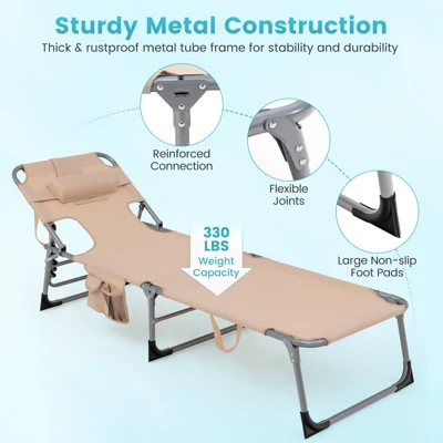 Tangkula 2PCS Beach Lounge Chair Reclining Chair With 5 Adjustable Positions Detachable Pillow &Hand Ropes Blue/Black/Gray/Turquoise/Beige/Pink 3 Tangkula 2PCS Beach Lounge Chair Reclining Chair With 5 Adjustable Positions Detachable Pillow &Hand Ropes Blue/Black/Gray/Turquoise/Beige/Pink - Image 3