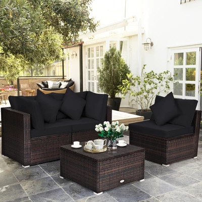 Tangkula 4PCS Rattan Patio Conversation Furniture Set Yard Outdoor W/ Black Cushion 1 Tangkula 4PCS Rattan Patio Conversation Furniture Set Yard Outdoor W/ Black Cushion