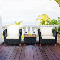 Tangkula 3-Piece Wicker Patio Furniture Set - Outdoor Conversation Set with Acacia Wood Table