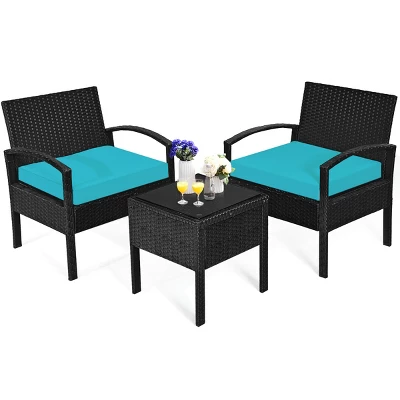 Tangkula 3 Pieces Patio Set Outdoor Wicker Rattan Furniture W/ Cushions Turquoise 2 Tangkula 3 Pieces Patio Set Outdoor Wicker Rattan Furniture W/ Cushions Turquoise - Image 2