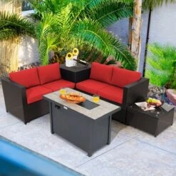 Tangkula 5PCS Patio Rattan Furniture Set Fire Pit Table W/ Cover Storage Cushion -Tangkula Shop GUEST c4363955 150a 40cc 9f96 80f06e1070c7