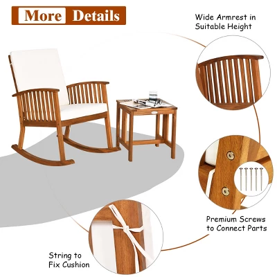 Tangkula 3-Piece Acacia Wood Outdoor Rocking Bistro Set with Coffee Table and Cushions 1 Tangkula 3-Piece Acacia Wood Outdoor Rocking Bistro Set with Coffee Table and Cushions