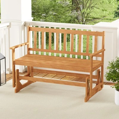 Tangkula 2 Person Patio Glider Bench Solid Acacia Wood Porch Glider Chair W/ Seat 2 Tangkula 2 Person Patio Glider Bench Solid Acacia Wood Porch Glider Chair W/ Seat - Image 2