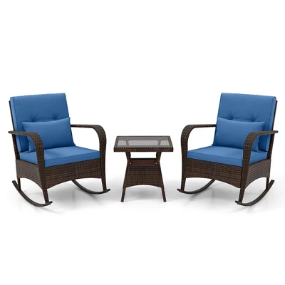 Tangkula 3 Piece Outdoor Rocking Set Rattan Rocker Chairs W/ Tempered Glass Coffee Table 9 Tangkula 3 Piece Outdoor Rocking Set Rattan Rocker Chairs W/ Tempered Glass Coffee Table - Image 9