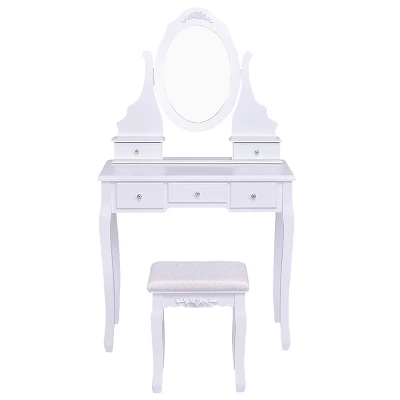 Tangkula Oval Vanity Mirror Dressing Table Beauty Dresser Cosmetics Organizer W/ Cushioned Bench 9 Tangkula Oval Vanity Mirror Dressing Table Beauty Dresser Cosmetics Organizer W/ Cushioned Bench - Image 9