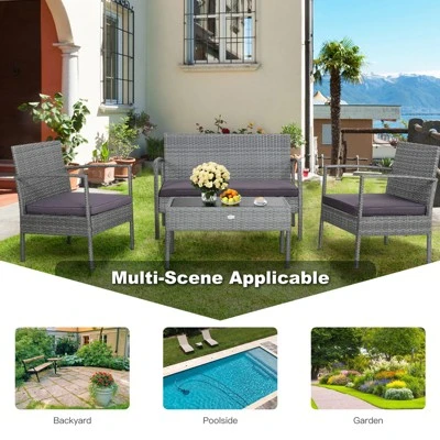 Tangkula Patio Rattan 4PCS/8PCS Cushioned Chair Side Table Classic Furniture Set Bistro Set Single Sofa Thick Cushion Loveseat For Garden Grey 1 Tangkula Patio Rattan 4PCS/8PCS Cushioned Chair Side Table Classic Furniture Set Bistro Set Single Sofa Thick Cushion Loveseat For Garden Grey
