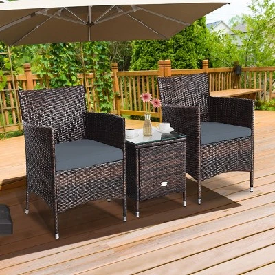 Tangkula 3-Piece Patio Wicker Rattan Furniture Set Conversation Sofa Set W/Coffee Table Grey 2 Tangkula 3-Piece Patio Wicker Rattan Furniture Set Conversation Sofa Set W/Coffee Table Grey - Image 2