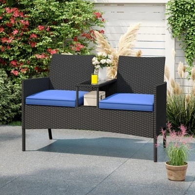 Tangkula 2-Seat Outdoor Rattan Loveseat with Built-in Coffee Table - Blue 3 Tangkula 2-Seat Outdoor Rattan Loveseat with Built-in Coffee Table - Blue - Image 3