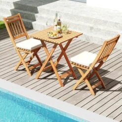 Tangkula Folding Patio Chairs Set of 2 - Acacia Wood Outdoor Dining Chairs with Soft Cushions