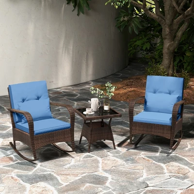 Tangkula 3 Piece Outdoor Rocking Set Rattan Rocker Chairs W/ Tempered Glass Coffee Table 1 Tangkula 3 Piece Outdoor Rocking Set Rattan Rocker Chairs W/ Tempered Glass Coffee Table