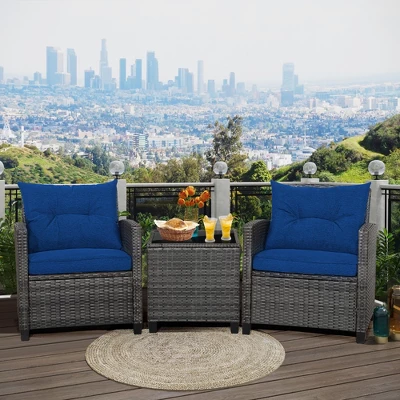Tangkula 3-Piece Outdoor Wicker Conversation Set with Navy Cushions 8 Tangkula 3-Piece Outdoor Wicker Conversation Set with Navy Cushions - Image 8
