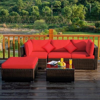 Tangkula 5-Piece Rattan Sectional Sofa Set: Modular Outdoor Patio Furniture with Red Cushions 1 Tangkula 5-Piece Rattan Sectional Sofa Set: Modular Outdoor Patio Furniture with Red Cushions