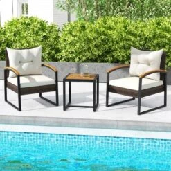 Tangkula 3-Piece Patio Furniture Set: PE Wicker Conversation Set with Acacia Wood Table