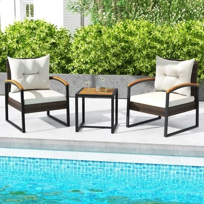Tangkula 3-Piece Patio Furniture Set: PE Wicker Conversation Set with Acacia Wood Table 1 Tangkula 3-Piece Patio Furniture Set: PE Wicker Conversation Set with Acacia Wood Table