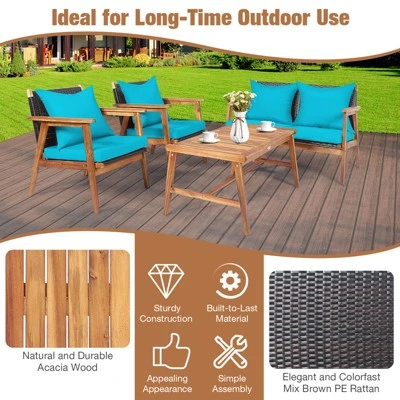 Tangkula 4-Piece Outdoor Rattan Conversation Set with Acacia Wood Frame 2 Tangkula 4-Piece Outdoor Rattan Conversation Set with Acacia Wood Frame - Image 2