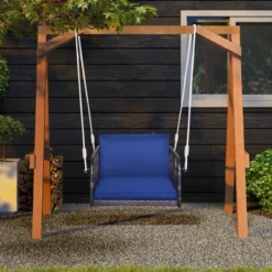 Tangkula Patio Rattan Porch Swing Single Person Hanging Seat W/ Seat & Back Cushions Backyard