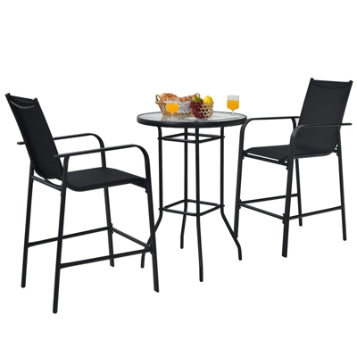 Tangkula 3 PCS Patio Bistro Set Outdoor Table & Chairs Set W/Tempered Glass Top Black 5 Tangkula 3 PCS Patio Bistro Set Outdoor Table & Chairs Set W/Tempered Glass Top Black - Image 5