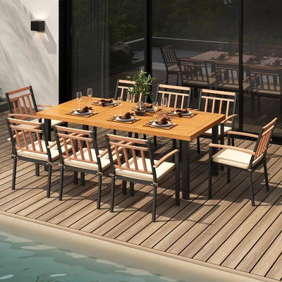 Tangkula 9-Piece Outdoor Acacia Wood Dining Set with 8 Cushioned Armchairs 1 Tangkula 9-Piece Outdoor Acacia Wood Dining Set with 8 Cushioned Armchairs