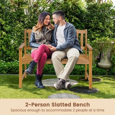 Tangkula 2-Person Outdoor Bench Patio Wooden Bench With Ergonomic Backrest & Armrests All-weather Acacia Wood Frame 43"x 22" 9 Tangkula 2-Person Outdoor Bench Patio Wooden Bench With Ergonomic Backrest & Armrests All-weather Acacia Wood Frame 43"x 22" - Image 9