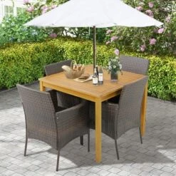 Tangkula 5-Piece Outdoor Dining Set with Acacia Wood Table and Wicker Chairs