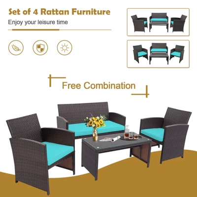 Tangkula 4PCS Outdoor Patio Furniture Sets Weather-Resistant Rattan Sofas W/ Soft Cushion Turquoise 4 Tangkula 4PCS Outdoor Patio Furniture Sets Weather-Resistant Rattan Sofas W/ Soft Cushion Turquoise - Image 4
