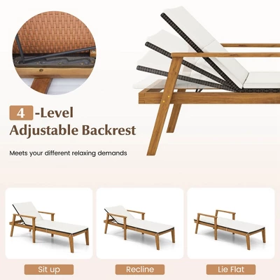 Tangkula 4 Piece Outdoor Chaise Lounge Chair Set Rattan With Armrests & 4-Level Backrest Folding Coffee Table & Cushioned Acacia Wood Lounge Chair Set 2 Tangkula 4 Piece Outdoor Chaise Lounge Chair Set Rattan With Armrests & 4-Level Backrest Folding Coffee Table & Cushioned Acacia Wood Lounge Chair Set - Image 2