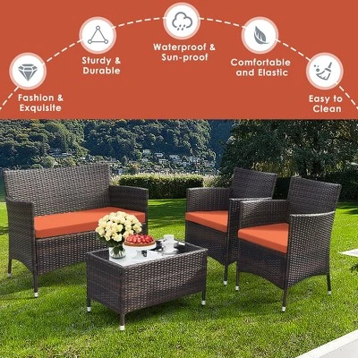 Tangkula 4-Piece Patio Rattan Furniture Set with Orange Cushions 9 Tangkula 4-Piece Patio Rattan Furniture Set with Orange Cushions - Image 9