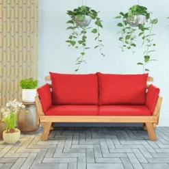 Tangkula Adjustable Patio Sofa Daybed Acacia Wood Furniture W/ Red Cushions