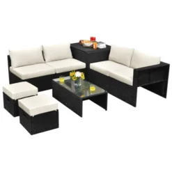 Tangkula 8PCS Patio Conversation Set Sectional Sofa Set, All-Weather PE Rattan, Tempered Glass Table & Washable Cushion Covers -Tangkula Shop GUEST cce8beb9 8871 412f be23 f0f0df2111b4