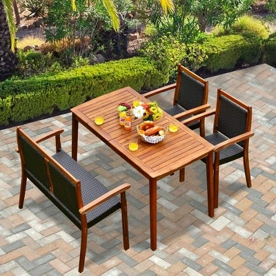Tangkula 4-Piece Outdoor Acacia Wood & Rattan Dining Set with Umbrella Hole 2 Tangkula 4-Piece Outdoor Acacia Wood & Rattan Dining Set with Umbrella Hole - Image 2