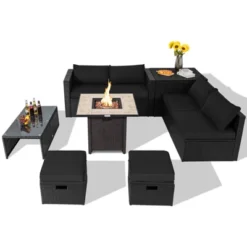 Tangkula 9-Piece Outdoor Wicker Sectional Set with Gas Fire Pit Table -Tangkula Shop GUEST cd14617e 801a 49f3 8811 67de8bb143e3
