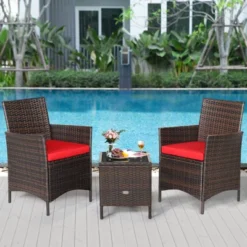 Tangkula 3-Piece Patio Rattan Conversation Set with Wicker Chairs & Table