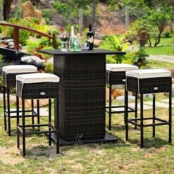 Tangkula 5 PCS Patio Rattan Dinning Set Conversation Set All Weather Wicker Bar Table Stool Set W/Hidden Storage Shelf & Cushions -Tangkula Shop GUEST cd61c0a6 3d11 4906 9004 c512f46d9468