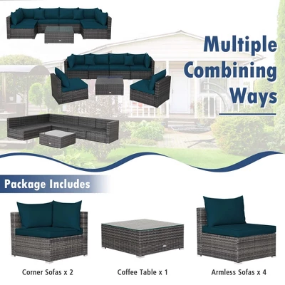Tangkula Set Of 7 Patio Wicker Furniture Set Outdoor Rattan Sectional Sofa With Seat & Back Cushions 2 Throw Pillows Blue 2 Tangkula Set Of 7 Patio Wicker Furniture Set Outdoor Rattan Sectional Sofa With Seat & Back Cushions 2 Throw Pillows Blue - Image 2