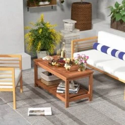 Tangkula Patio Hardwood Coffee Table with 2-Tier Storage and Slatted Top