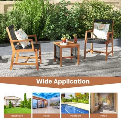 Tangkula 3 PCS Solid Acacia Wood Patio Set All-Weather Rope Woven Chair Garden Poolside 6 Tangkula 3 PCS Solid Acacia Wood Patio Set All-Weather Rope Woven Chair Garden Poolside - Image 6