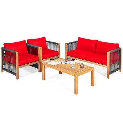 Tangkula Outdoor Patio Wood Conversation Furniture Set Padded Chair With Coffee Table Red/Turquoise 3 Tangkula Outdoor Patio Wood Conversation Furniture Set Padded Chair With Coffee Table Red/Turquoise - Image 3