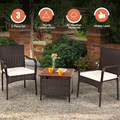Tangkula 3-Piece Patio Bistro Set with Acacia Wood Coffee Table & Umbrella Hole 6 Tangkula 3-Piece Patio Bistro Set with Acacia Wood Coffee Table & Umbrella Hole - Image 6