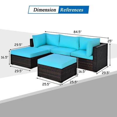 Tangkula 5-Piece Outdoor Patio Sectional Rattan Wicker Conversation Sofa Set With Turquoise/Yellowish Cushions 1 Tangkula 5-Piece Outdoor Patio Sectional Rattan Wicker Conversation Sofa Set With Turquoise/Yellowish Cushions
