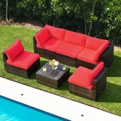 Tangkula 6-Piece Wicker Patio Sectional Furniture Set with Red Cushions