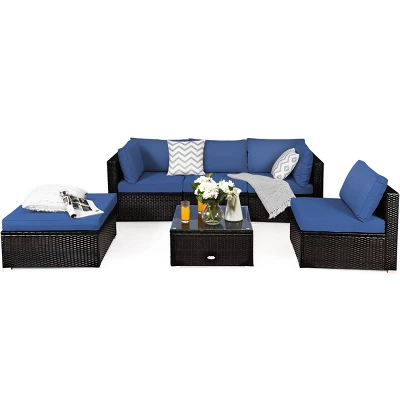 Tangkula 6PCS Patio Rattan Furniture Set Outdoor Sectional Sofa Set W/Coffee Table & Ottoman Black/Navy/Turquoise/Red/Brown 5 Tangkula 6PCS Patio Rattan Furniture Set Outdoor Sectional Sofa Set W/Coffee Table & Ottoman Black/Navy/Turquoise/Red/Brown - Image 5