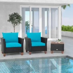 Tangkula 3PCS Patio Rattan Conversation Set Outdoor Furniture Set W/ Turquoise Cushions