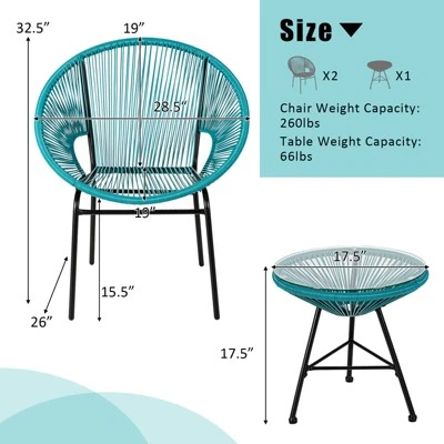 Tangkula 3 PCS Patio Furniture Set Outdoor PE Chairs & Table Set For Yard Poolside Garden Turquoise/Black 2 Tangkula 3 PCS Patio Furniture Set Outdoor PE Chairs & Table Set For Yard Poolside Garden Turquoise/Black - Image 2