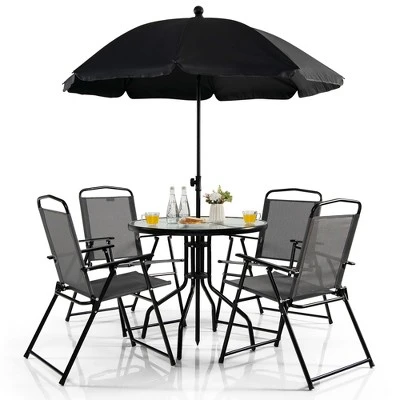 Tangkula 6PCS Patio Garden Dining Set W/ Round Table & 4 Folding Chairs & Umbrella 7 Tangkula 6PCS Patio Garden Dining Set W/ Round Table & 4 Folding Chairs & Umbrella - Image 7